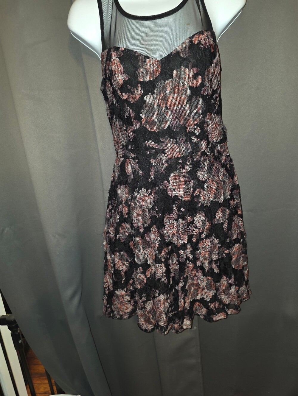 Floral Mesh Yoke Black and Rose Women’s Dress